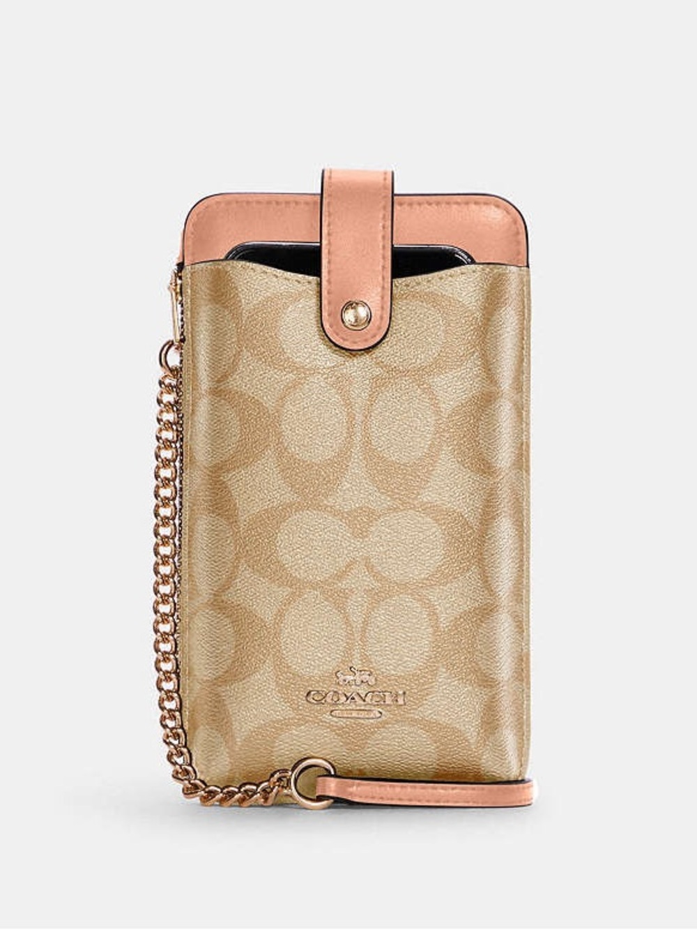 COACH NORTH SOUTH Chain Phone Crossbody In Khaki/Blush Leather Classy